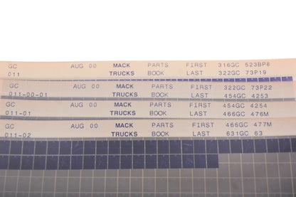 Mack GC011, GC011-00-01, GC11-02 Parts Book 316GC523BP8 - 631GC63 Microfiche Lot of 4 NOS