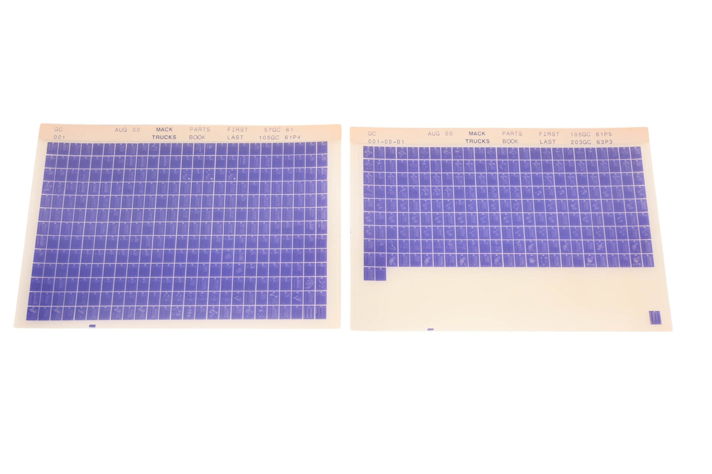 Mack GC001, GC001-00-01 Parts Book 57GC61 - 203GC63P3 Microfiche Lot of 2 NOS