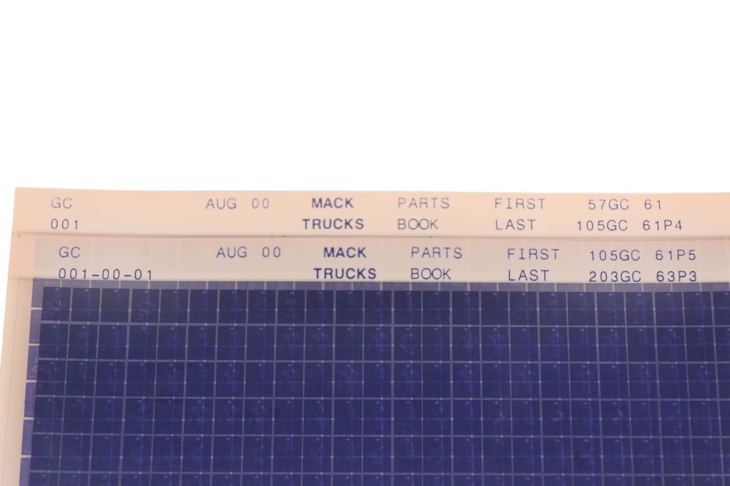 Mack GC001, GC001-00-01 Parts Book 57GC61 - 203GC63P3 Microfiche Lot of 2 NOS
