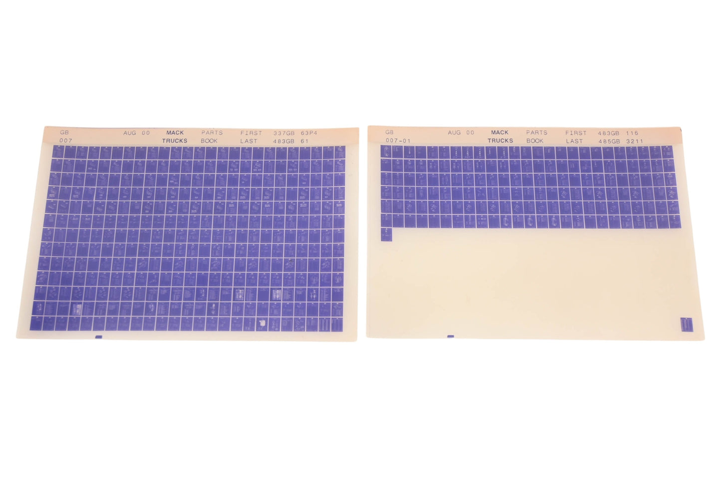 Mack GB007, GB007-01 Parts Book 337GB63P4 - 485GB3211 Microfiche Lot of 2 NOS