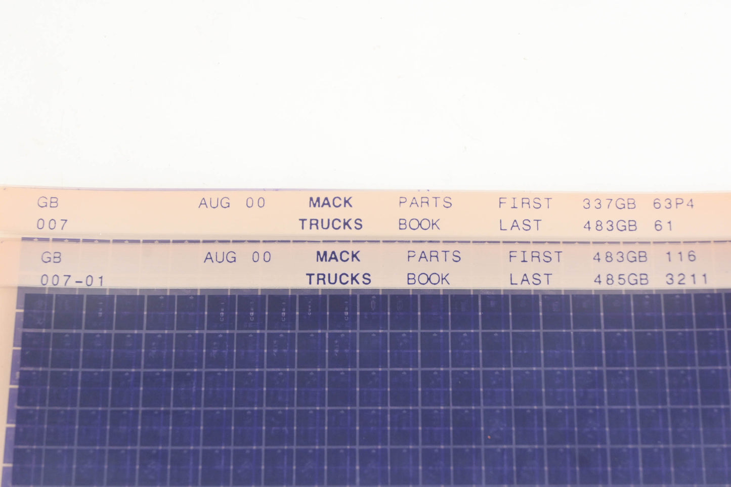 Mack GB007, GB007-01 Parts Book 337GB63P4 - 485GB3211 Microfiche Lot of 2 NOS