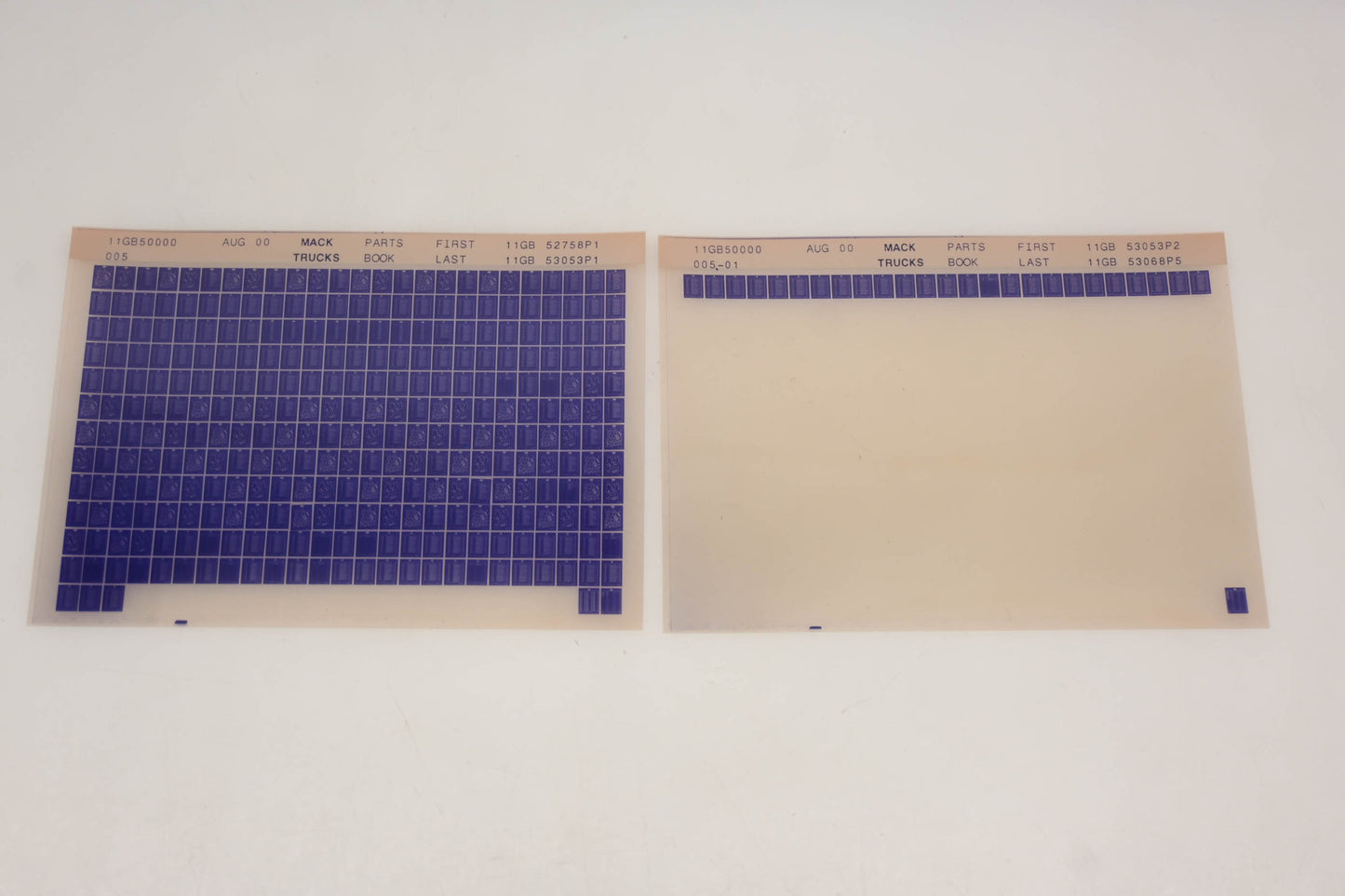 Mack 11GB50000 005, 11GB50000 005-01 Parts Book 11GB52758P1 - 11GB53068P5 Microfiche Lot of 2 NOS