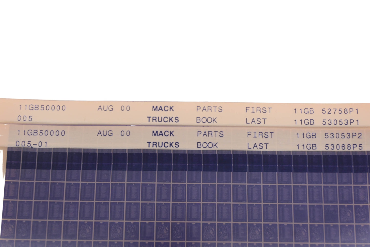 Mack 11GB50000 005, 11GB50000 005-01 Parts Book 11GB52758P1 - 11GB53068P5 Microfiche Lot of 2 NOS