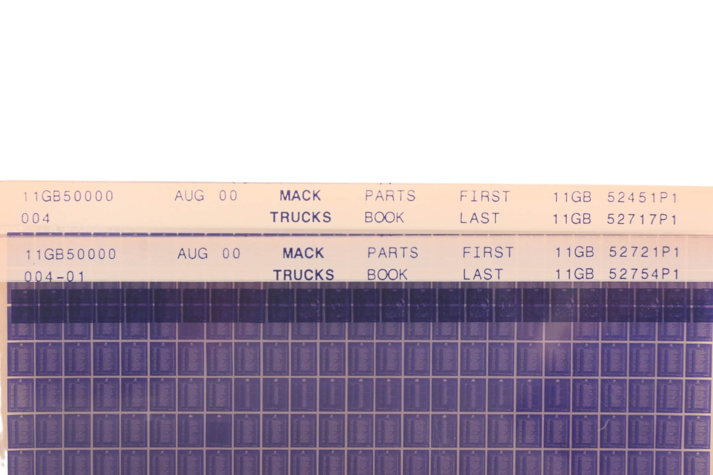 Mack 11GB50000 004, 11GB50000 004-01 Parts Book 11GB52451P1 - 11GB52754P1 Microfiche Lot of 2 NOS