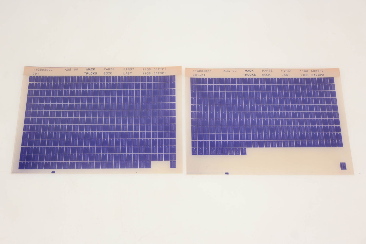 Mack 11GB05000 001, 11GB05000 001-01 Parts Book 11GB5323P1 - 11GB5470P2 Microfiche Lot of 2 NOS