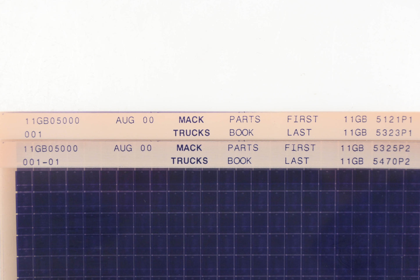 Mack 11GB05000 001, 11GB05000 001-01 Parts Book 11GB5323P1 - 11GB5470P2 Microfiche Lot of 2 NOS