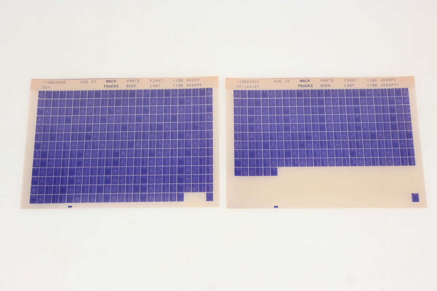 Mack 11GB04000 001, 11GB04000 001-00-01 Parts Book 11GB4003Y - 11GB4085P11 Microfiche Lot of 2 NOS