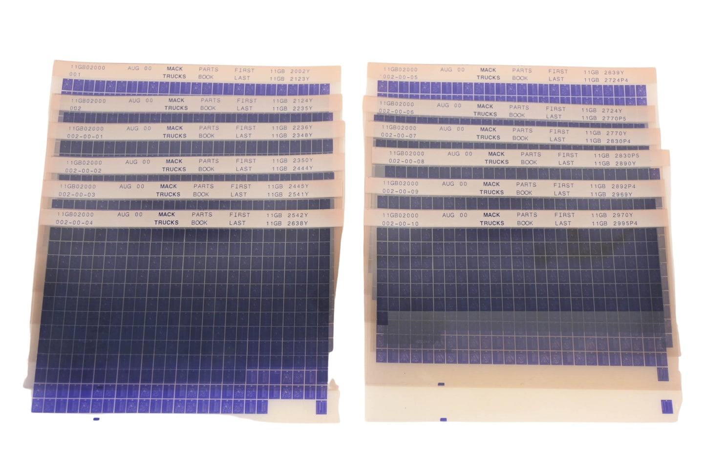 Mack 11GB02000 001, 11GB02000 002, 11GB02000 002-00-10 Parts Book 11GB2002Yy -11GB2995P4 Microfiche Lot of 12 NOS