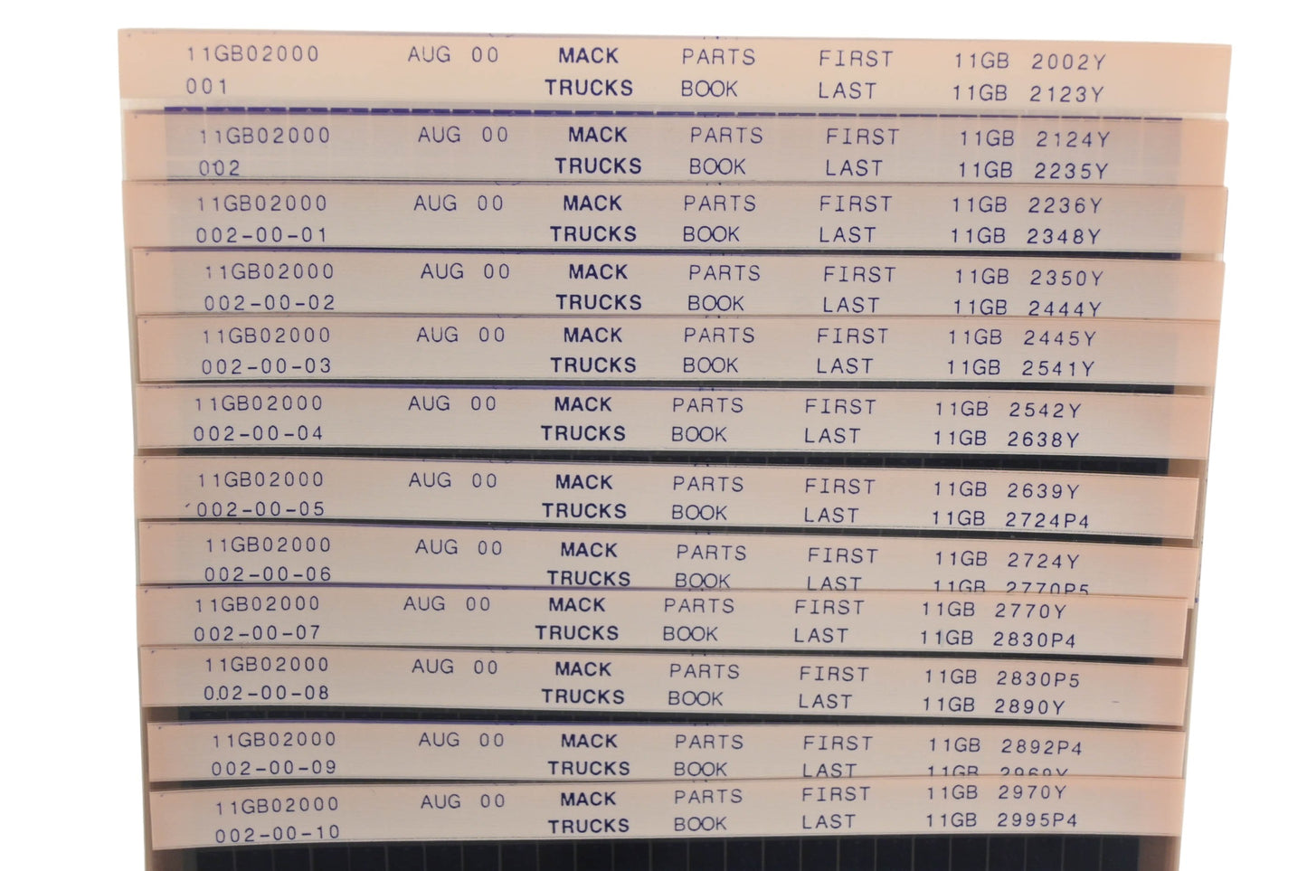 Mack 11GB02000 001, 11GB02000 002, 11GB02000 002-00-10 Parts Book 11GB2002Yy -11GB2995P4 Microfiche Lot of 12 NOS