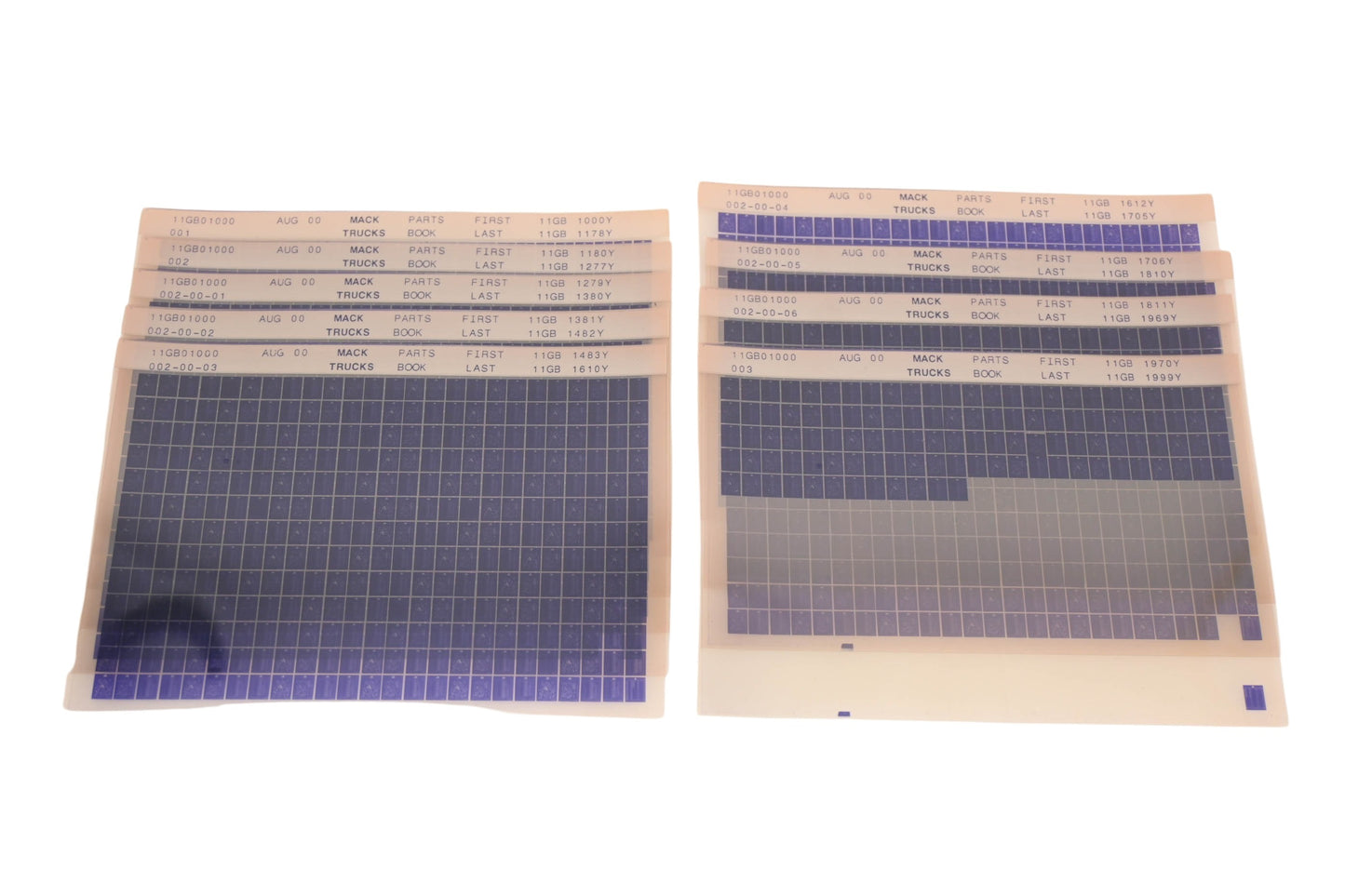 Mack 11GB01000 001, 11GB101000 002, 11GB01000 003 Parts Book 11GB1000Y - 11GB1999Y Microfiche Lot of 9 NOS