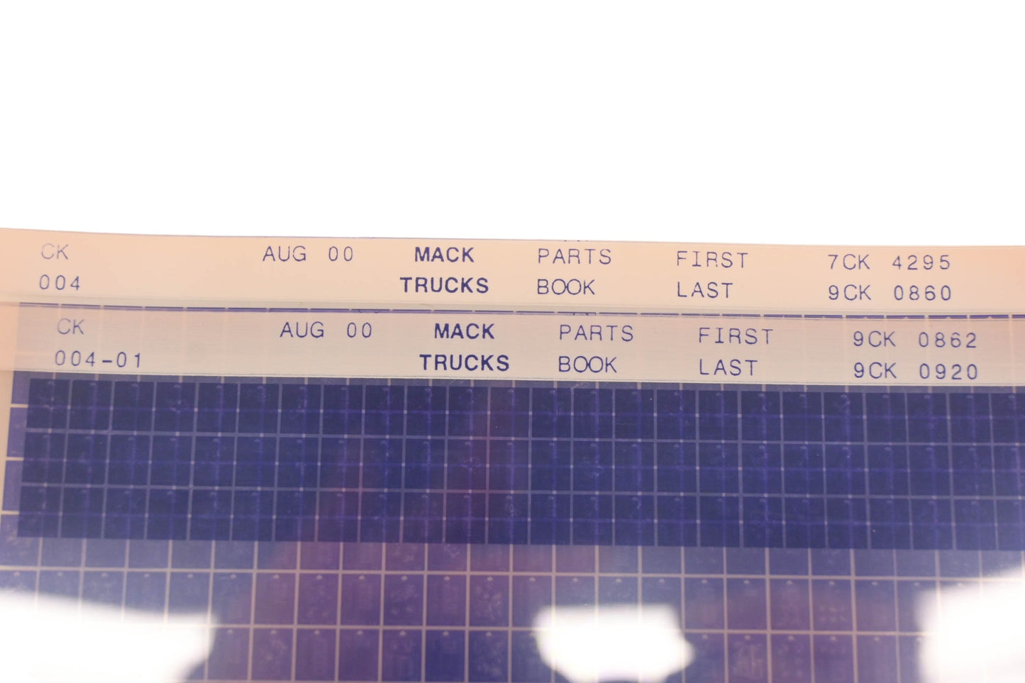 Mack CK004, CK004-01 Parts Book 7CK4295 - 9CK0920 Microfiche Lot of 2 NOS
