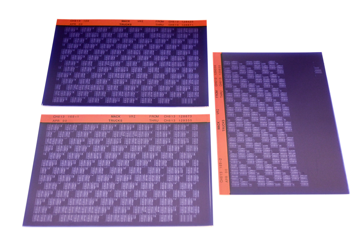 Mack CH613 169, CH613 169-1, CH613 169-2 CH613128420 - CH613129650 VRI Microfiche Lot of 3 NOS