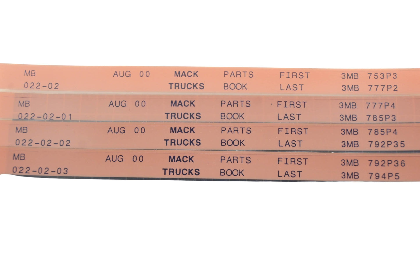 Mack MB022-02, MB022-02-01, MB022-02-03 Parts Book 3MB753P3 - 3MB794P5 Microfiche Lot of 4 NOS