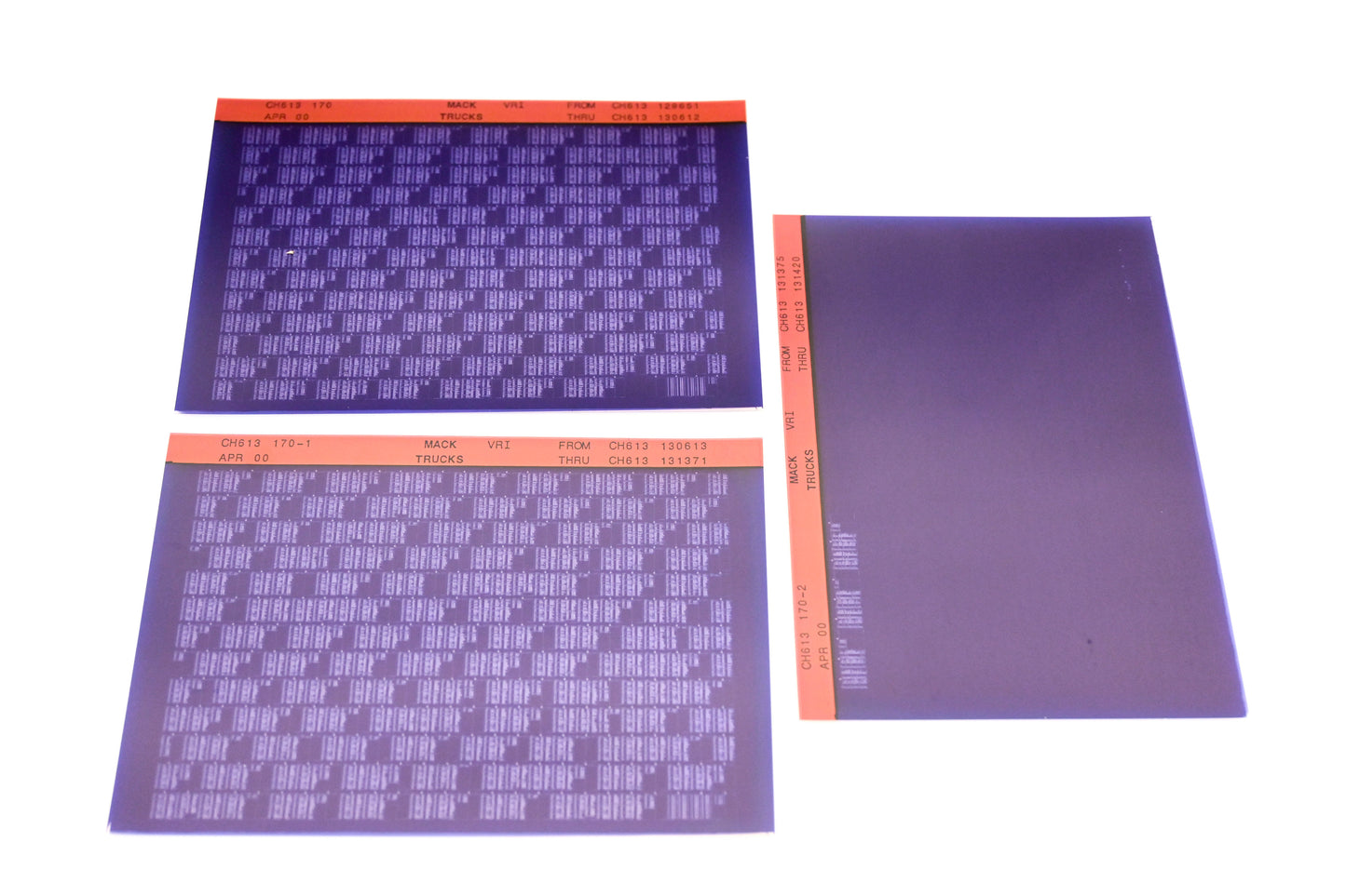 Mack CH613 170, CH613 170-1, CH613 170-2 CH613129651 - CH6143131420 VRI Microfiche Lot of 3 NOS