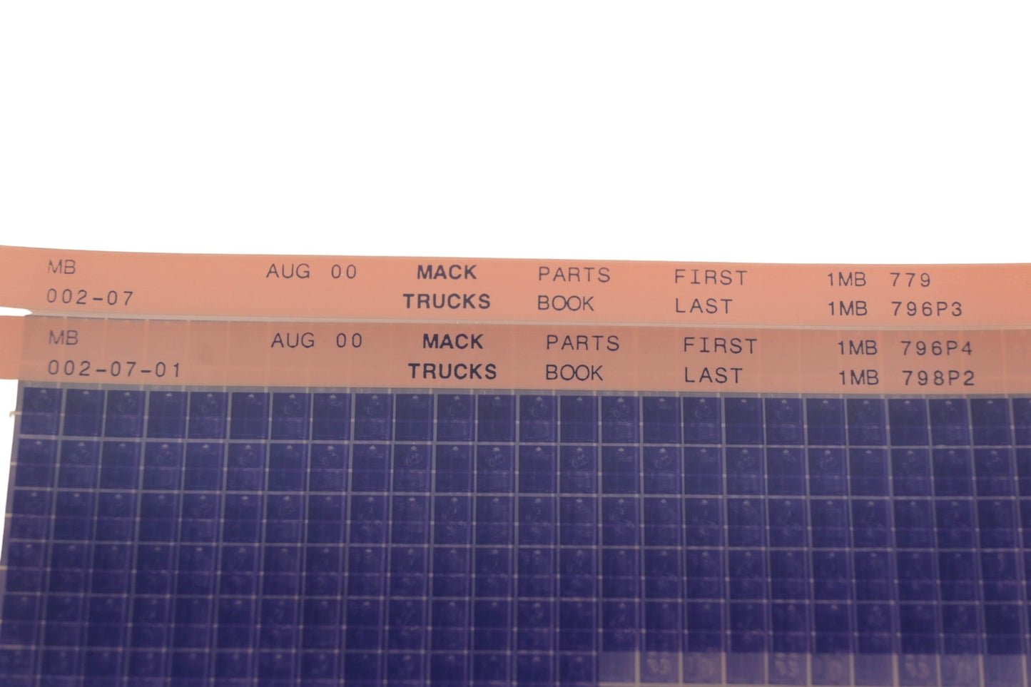 Mack MB002-07, MB002-07-01 Parts Book 1MB779 - 1MB798P2 Microfiche Lot of 2 NOS