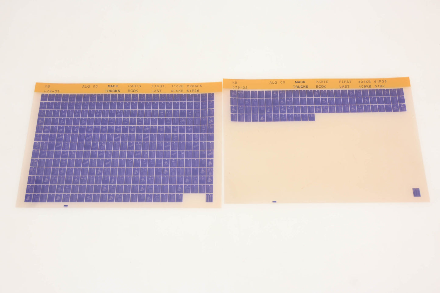 Mack KB079-01, KB079-02 Parts Book 110KB228AP5 - 409KB51M2 Microfiche Lot of 2 NOS
