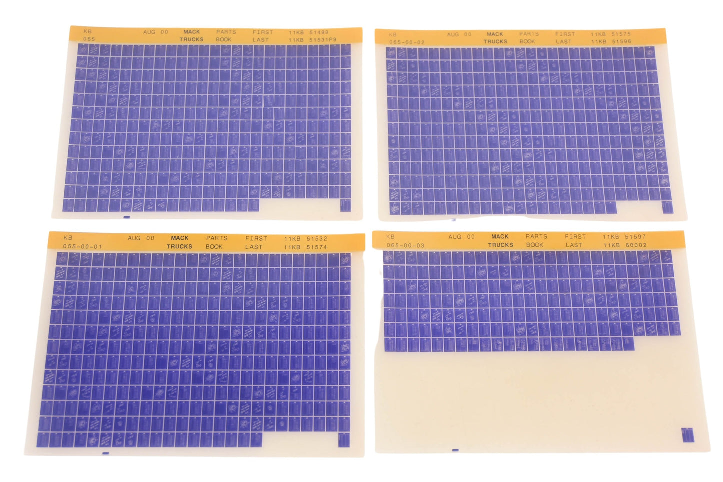 Mack KB065, KB065-00-01, KB065-00-03 Parts Book 11KB51499 - 11KB60002 Microfiche Lot of 4 NOS