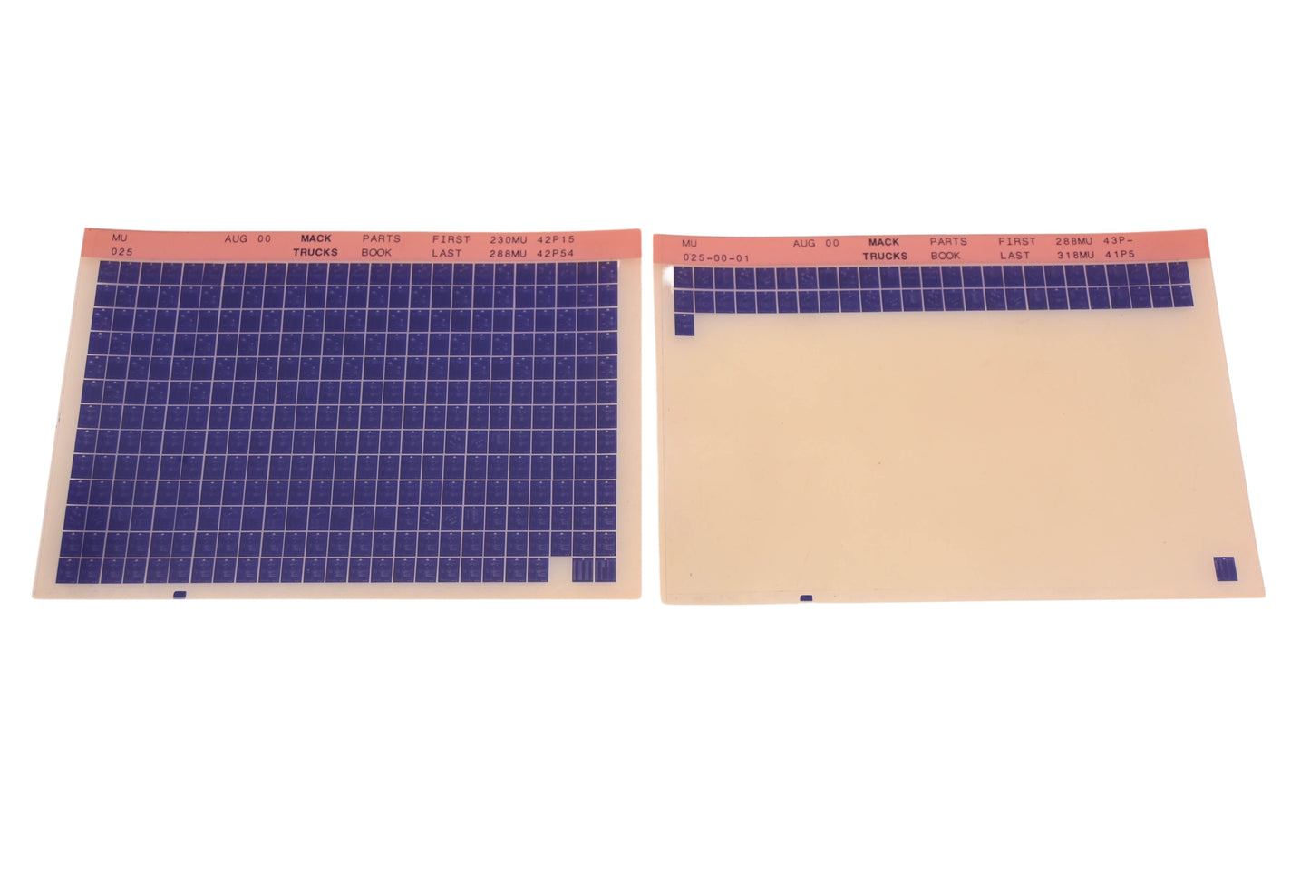 Mack MU025, MU025-00-01 Parts Book 230MU42P15 - 318MU41P5 Microfiche Lot of 2 NOS