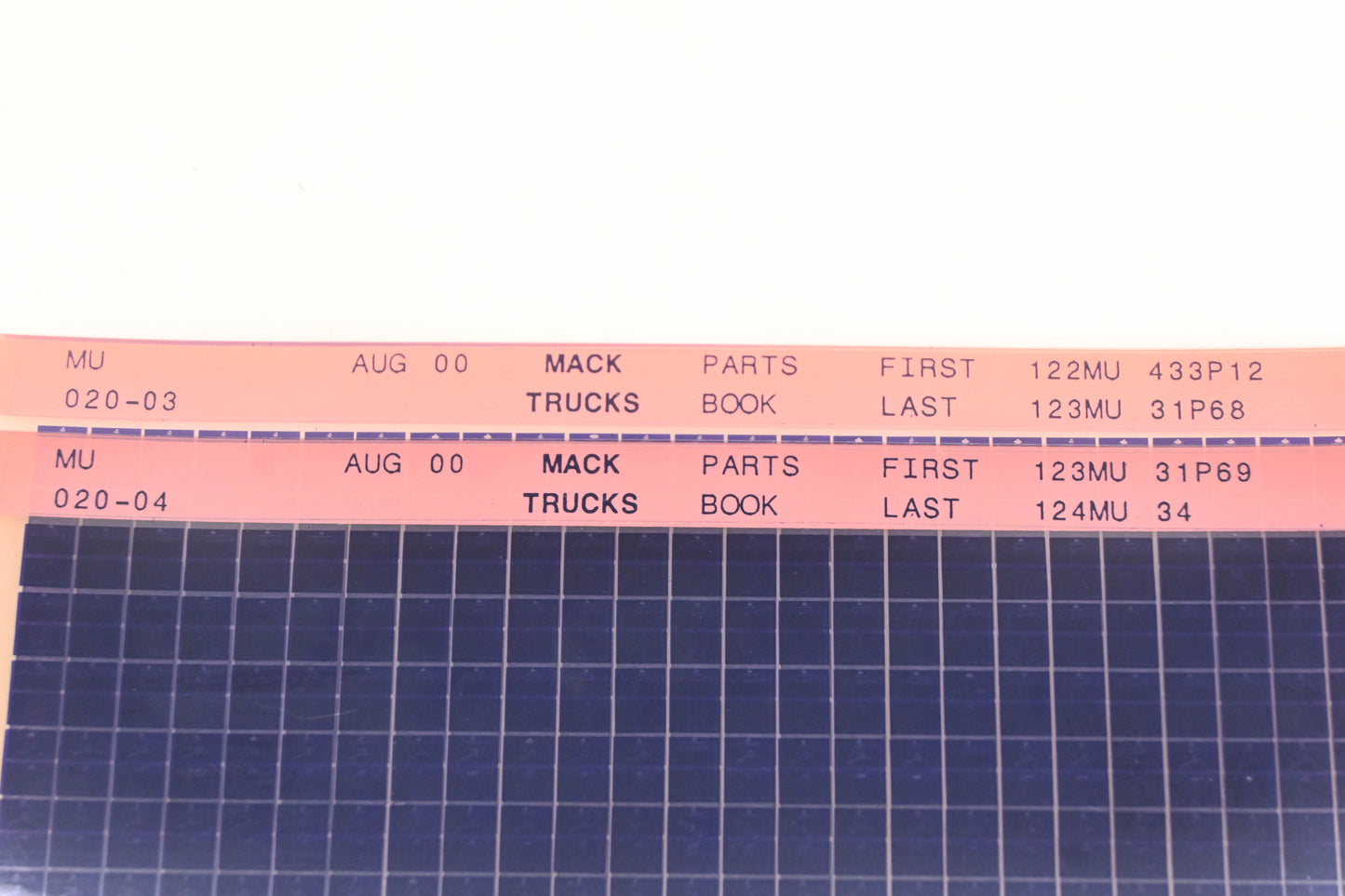 Mack MU020-03, MU020-04 Parts Book 122MU433P12 - 124MU34 Microfiche Lot of 2 NOS