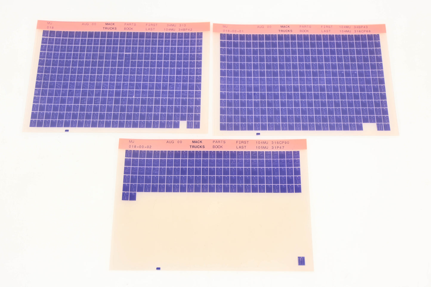 Mack MU018, MU018-00-01, MU018-00-02 Parts Book 34MU313 -105MU31P47 Microfiche Lot of 3 NOS