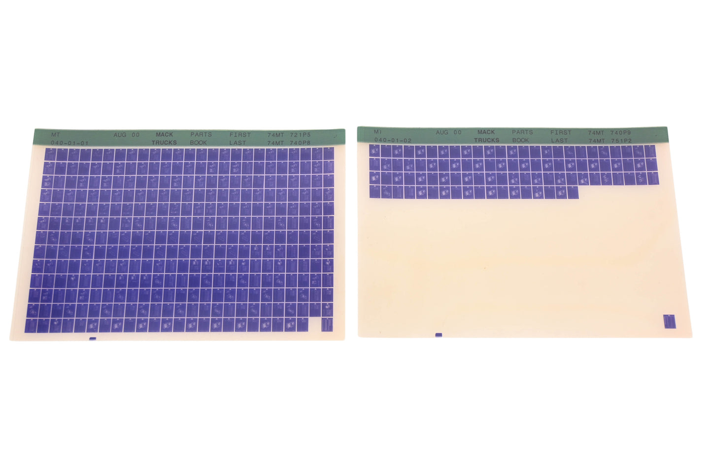 Mack MT040-01-01, MT040-01-02 Parts Book 74MT721P5 - 74MT751P2 Microfiche Lot of 2 NOS