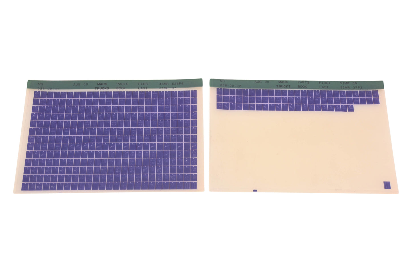 Mack MR038-00-01, MR038-00-02 Parts Book 48MR526P4 - 53MR37P2 Microfiche Lot of 2 NOS