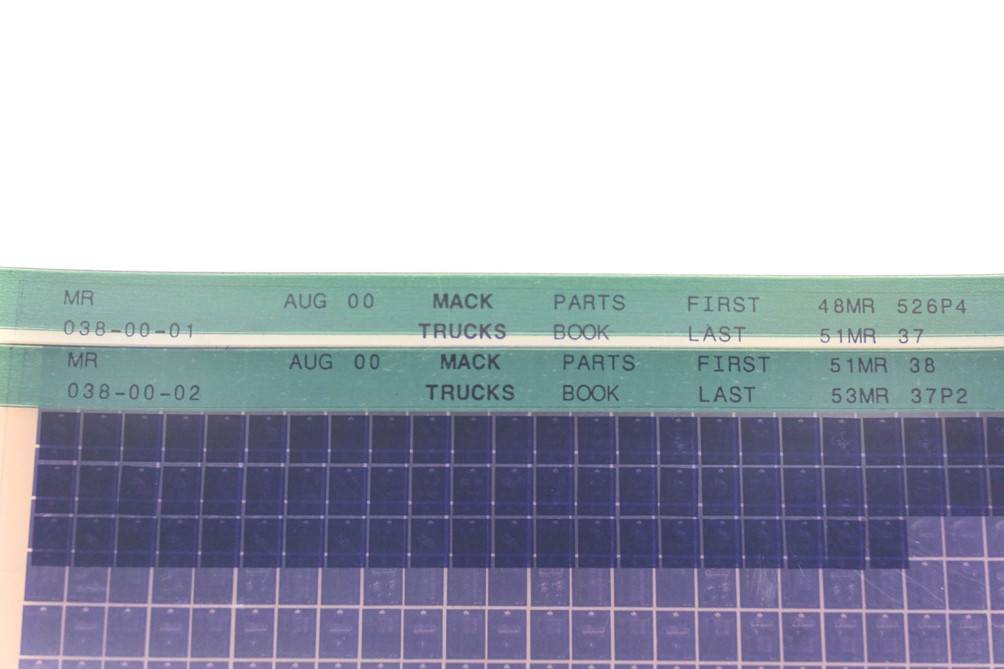 Mack MR038-00-01, MR038-00-02 Parts Book 48MR526P4 - 53MR37P2 Microfiche Lot of 2 NOS