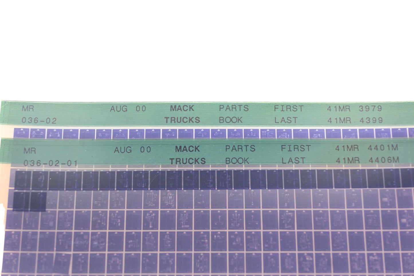 Mack MR036-02, MR036-02-01 Parts Book 41MR3979 - 41MR44069M Microfiche Lot of 2 NOS