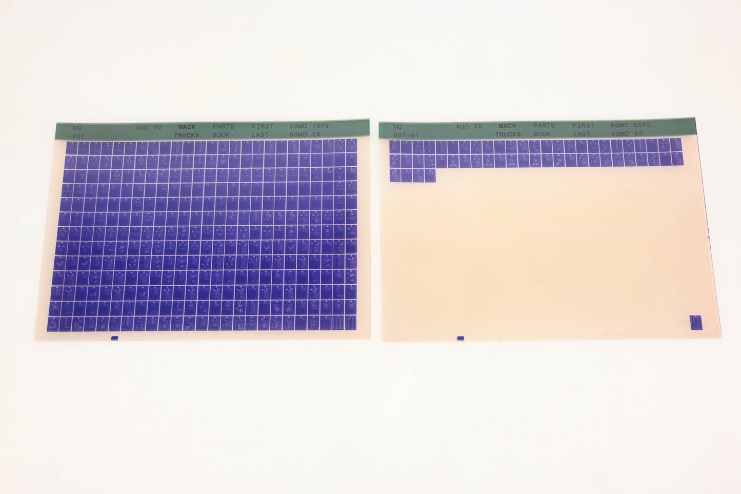 Mack MO007, MO007-01 Parts Book 50MO76P2 -62MO36 Microfiche Lot of 2 NOS