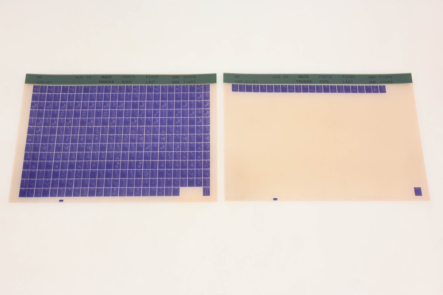 Mack MK020-01, MK020-01-01 Parts Book 9MK520P6 - 9MK714P2 Microfiche Lot of 2 NOS