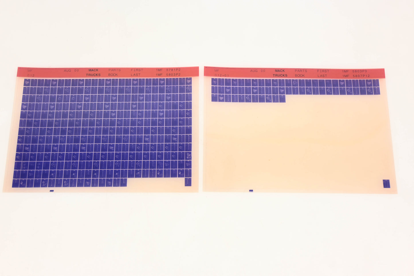 Mack MF012, MF012-01 Parts Book 1MF5781P2 - 1MF5807P12 Microfiche Lot of 2 NOS