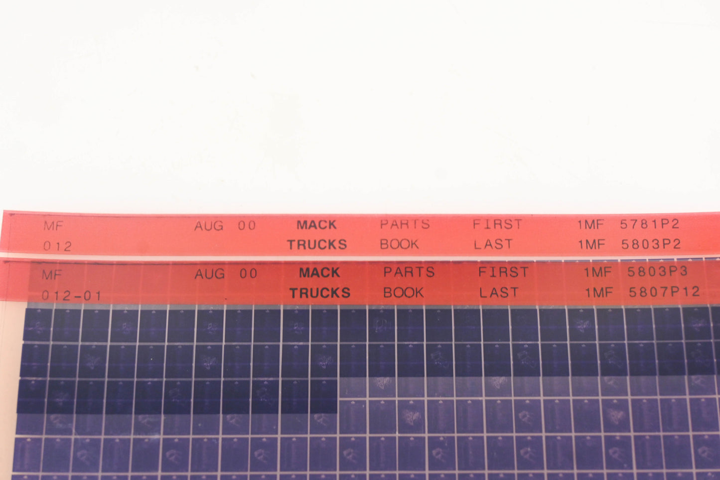 Mack MF012, MF012-01 Parts Book 1MF5781P2 - 1MF5807P12 Microfiche Lot of 2 NOS
