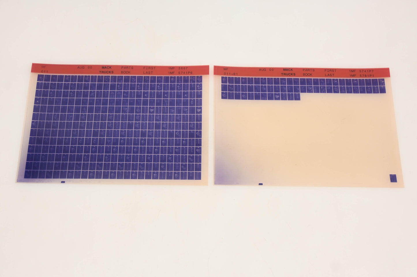 Mack MF011, MF011-01 Parts Book 1MF5667 - 1MF5781P1 Microfiche Lot of 2 NOS