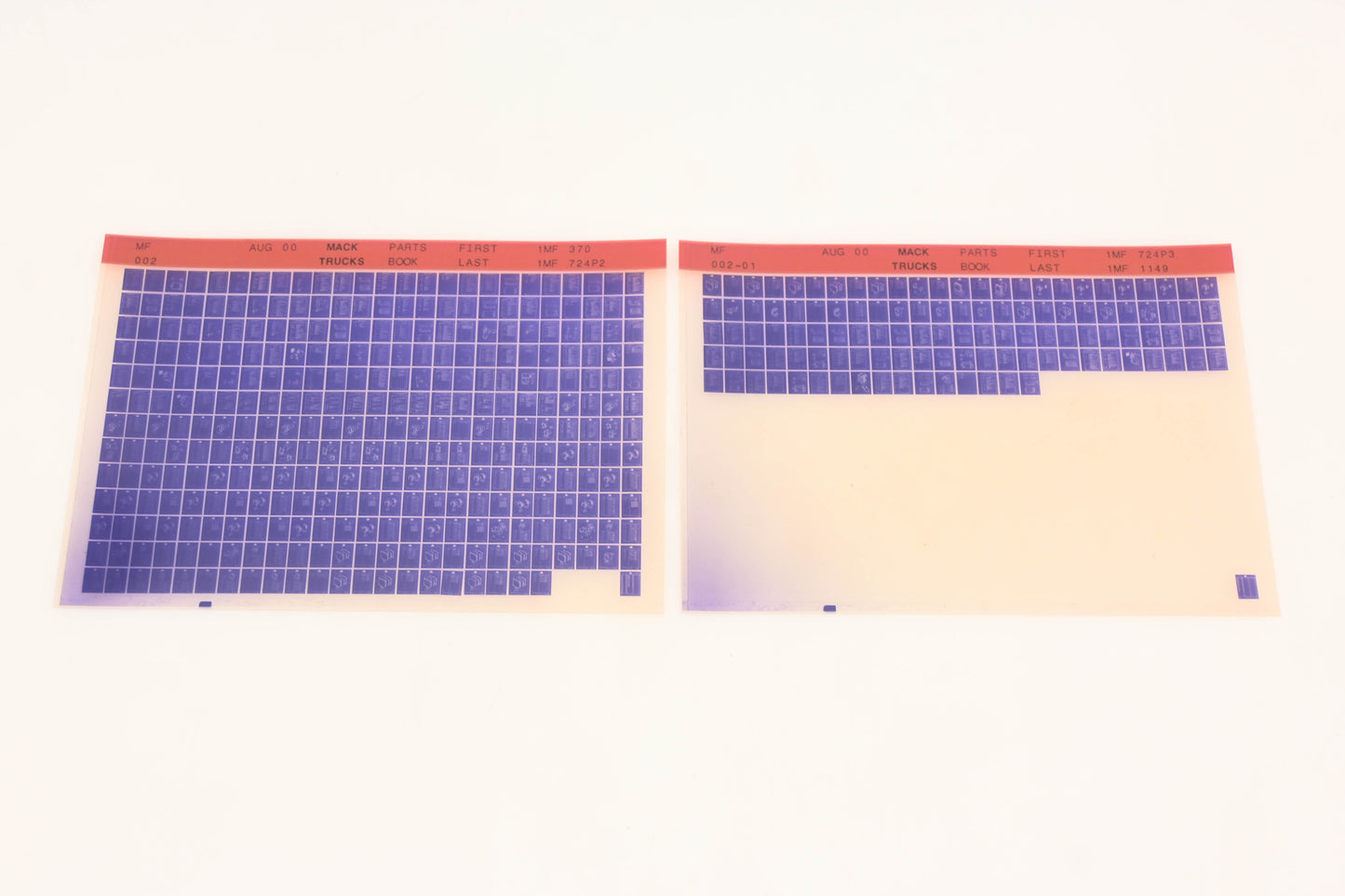 Mack MF002, MF002-01 Parts Book 1MF370 - 1MF1149 Microfiche Lot of 2 NOS