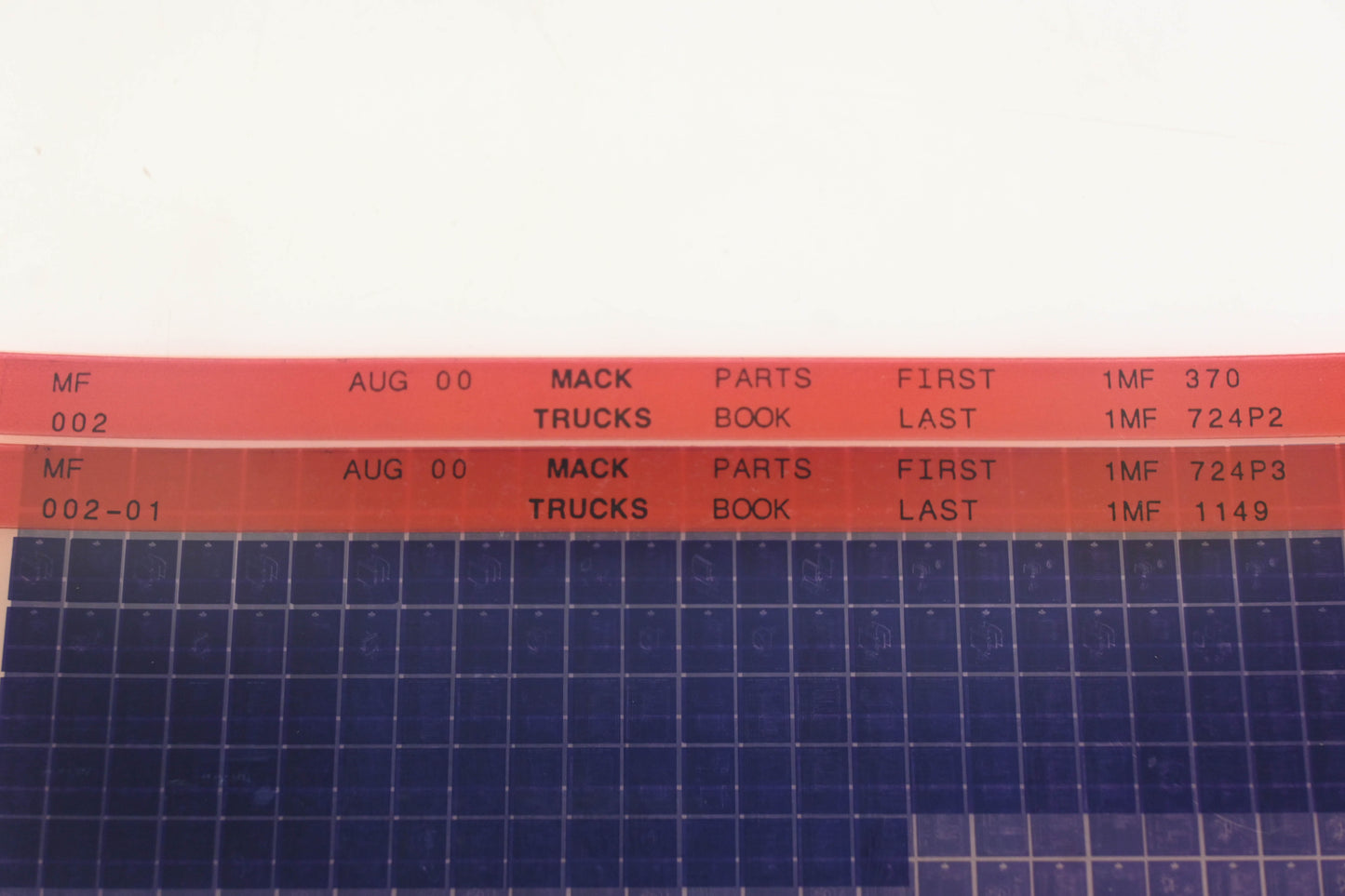 Mack MF002, MF002-01 Parts Book 1MF370 - 1MF1149 Microfiche Lot of 2 NOS