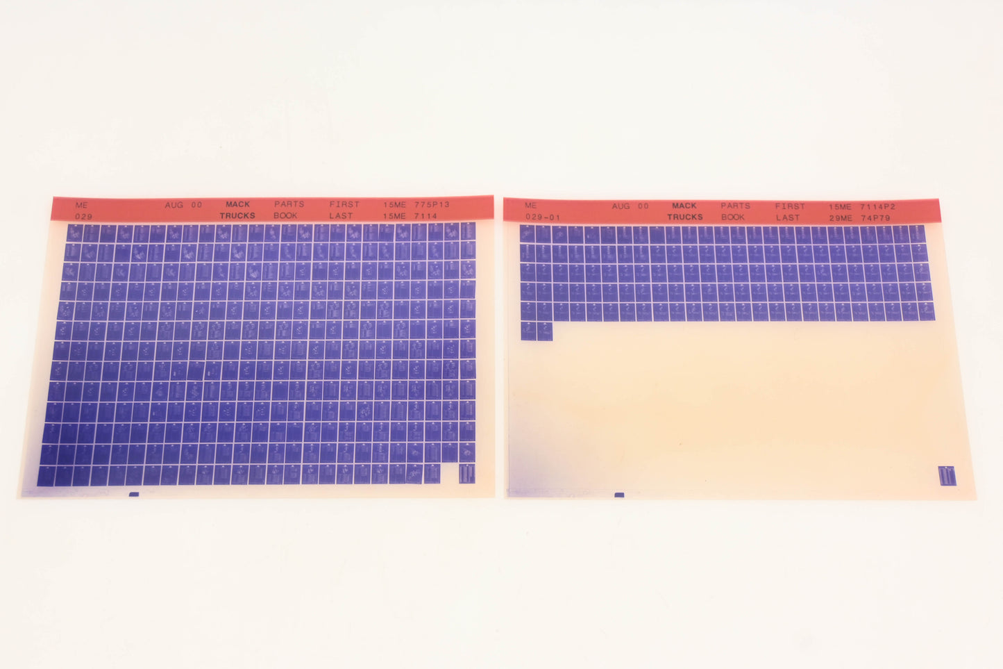 Mack ME029, ME029-01 Parts Book 15ME775P13 - 29ME74P79 Microfiche Lot of 2 NOS