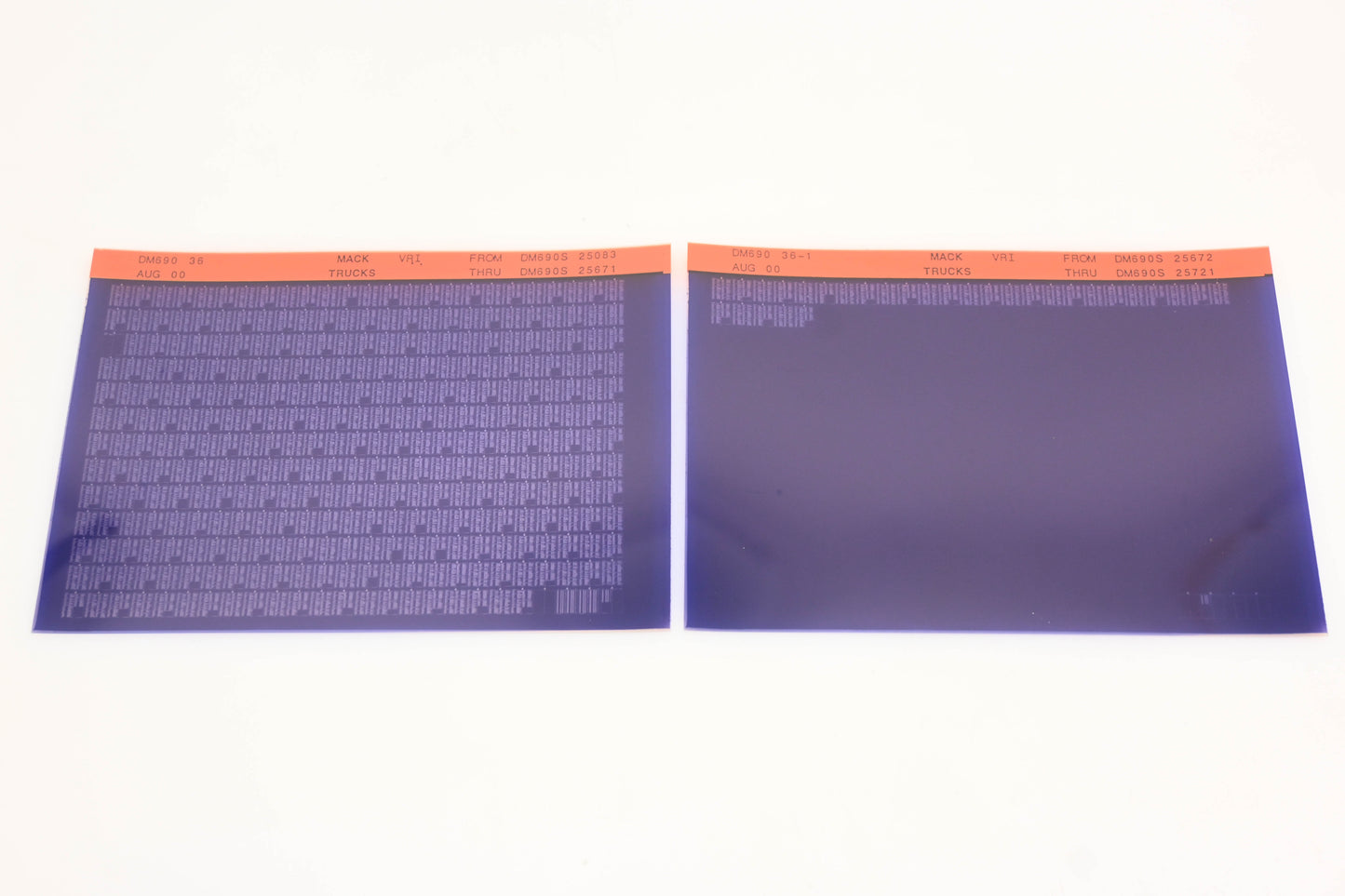 Mack DM690 36, DM690 36-1 DM690S25083 - DM690S25721 VRI Microfiche Lot of 2 NOS