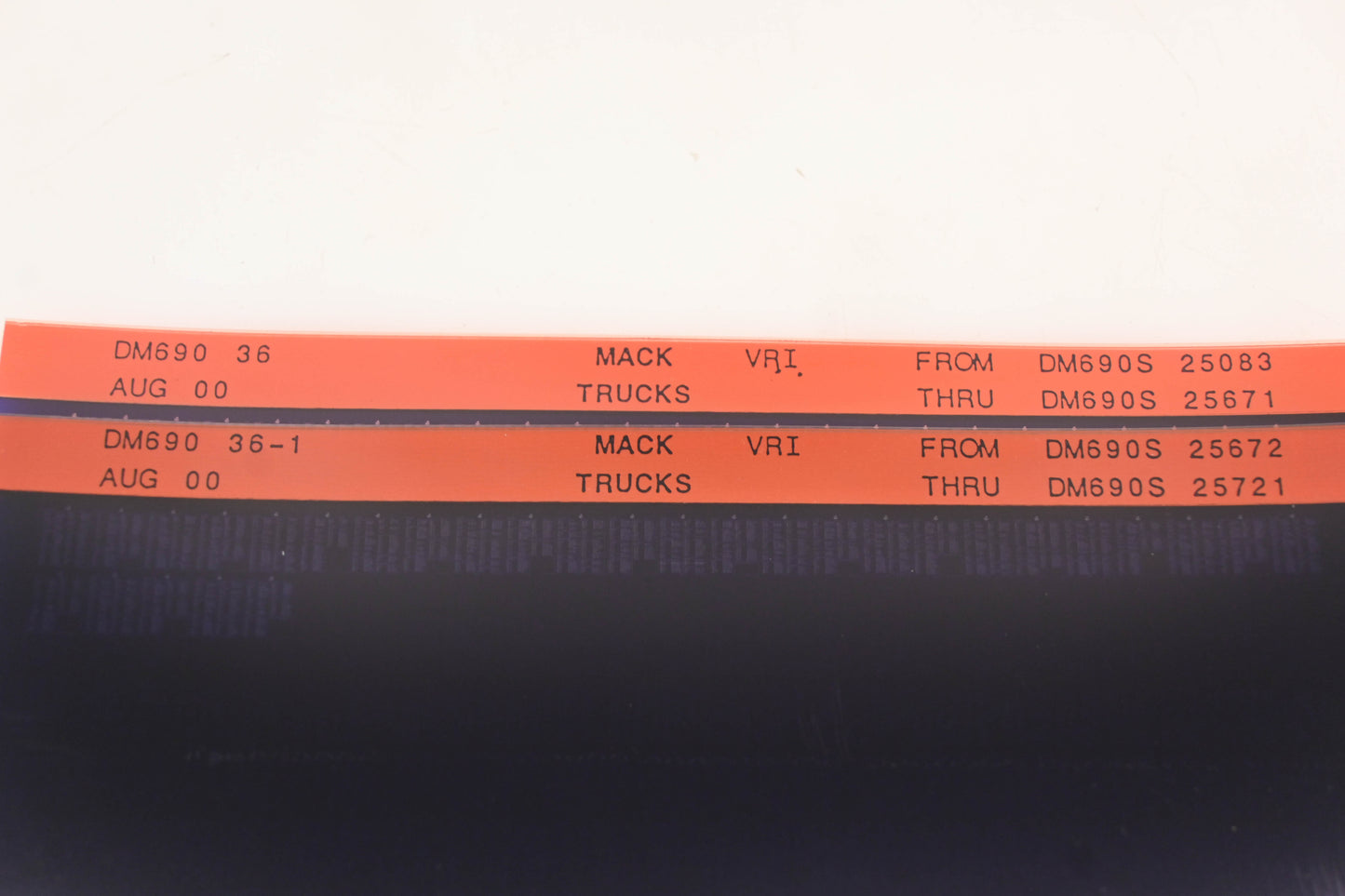 Mack DM690 36, DM690 36-1 DM690S25083 - DM690S25721 VRI Microfiche Lot of 2 NOS