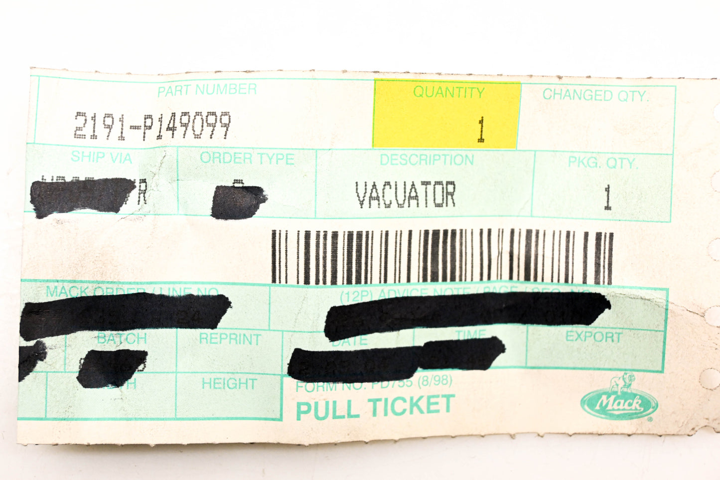 Mack 2191-P149099 Vacuator Valve NOS