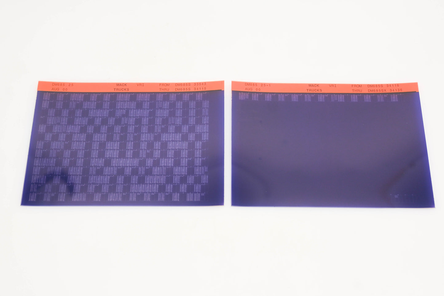 Mack DM685 25, DM685 25-1 DM685S33543 - DM685SX34136 VRI Microfiche Lot of 2 NOS