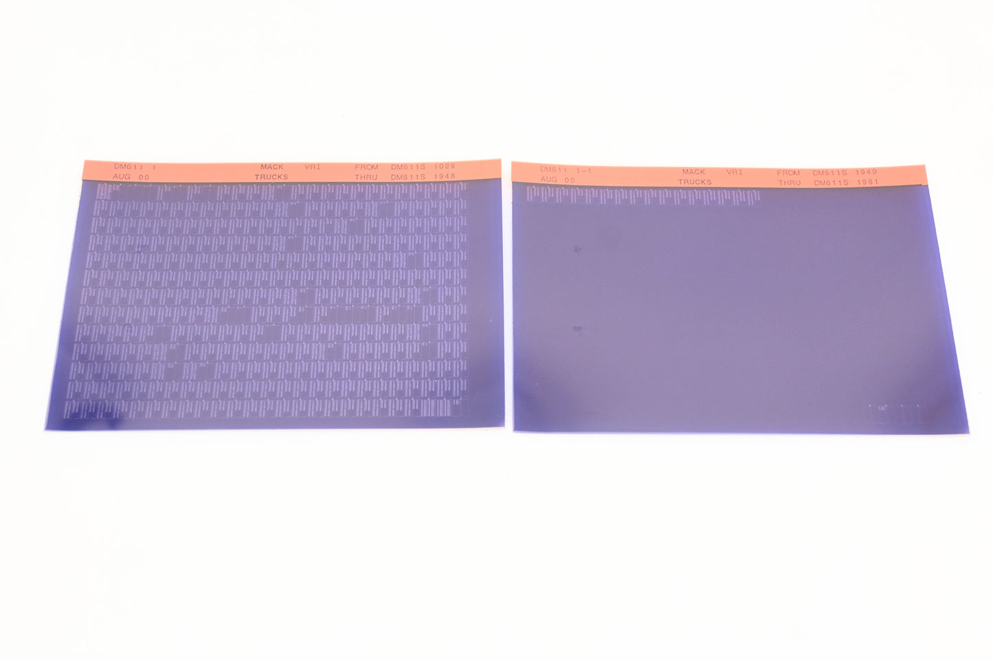Mack DM611 1, DM611-1-1 DM611S1020 - DM611S1981 VRI Microfiche Lot of 2 NOS