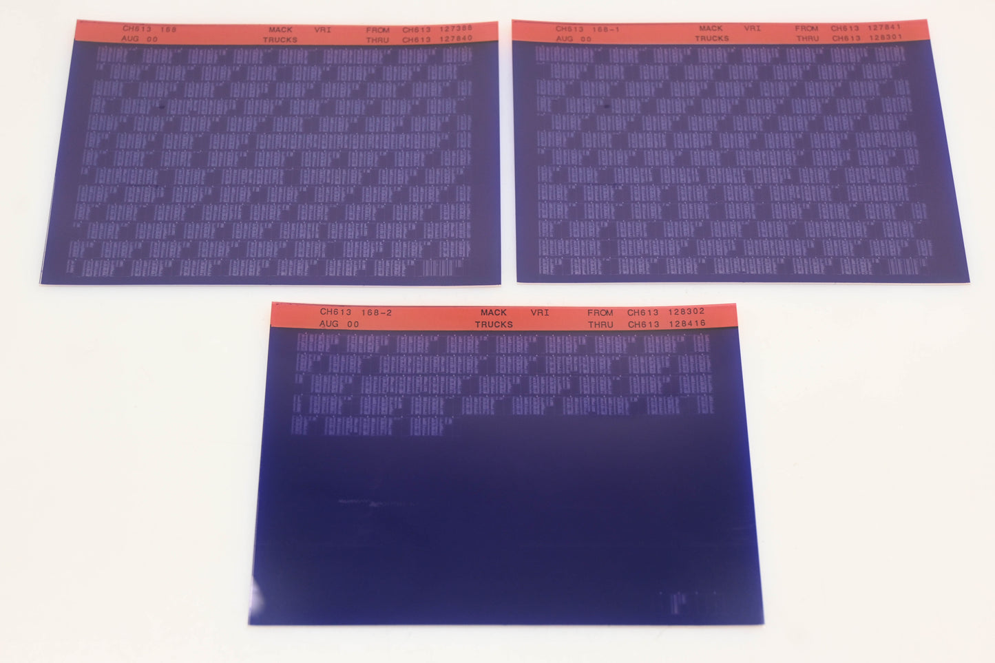 Mack CH613 168, CH613 168-1, CH613 168-2 CH613127388 - CH613128416 VRI Microfiche Lot of 3 NOS