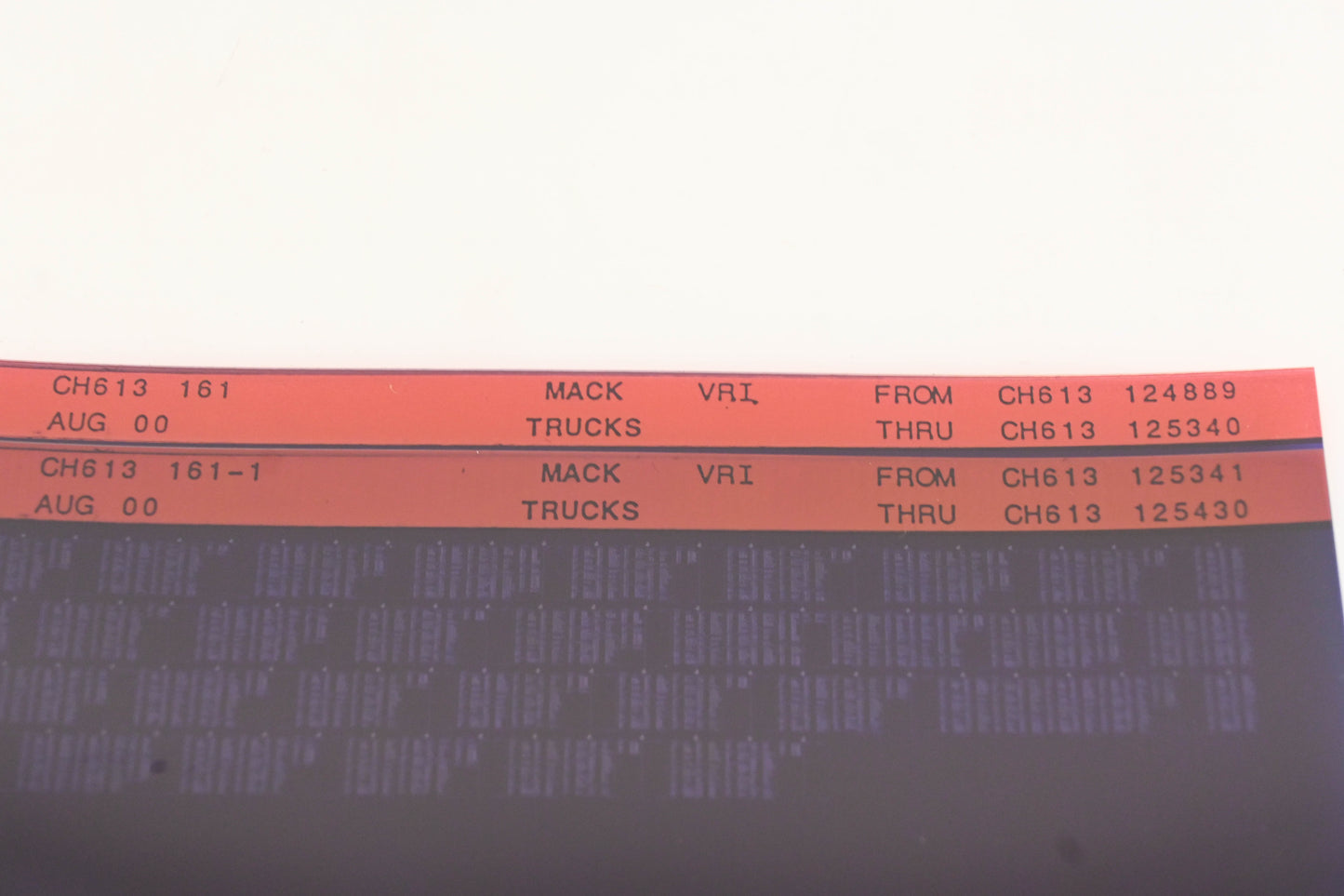 Mack CH613 161, CH613 161-1 CH613124889 - CH613125430 VRI Microfiche Lot of 2 NOS