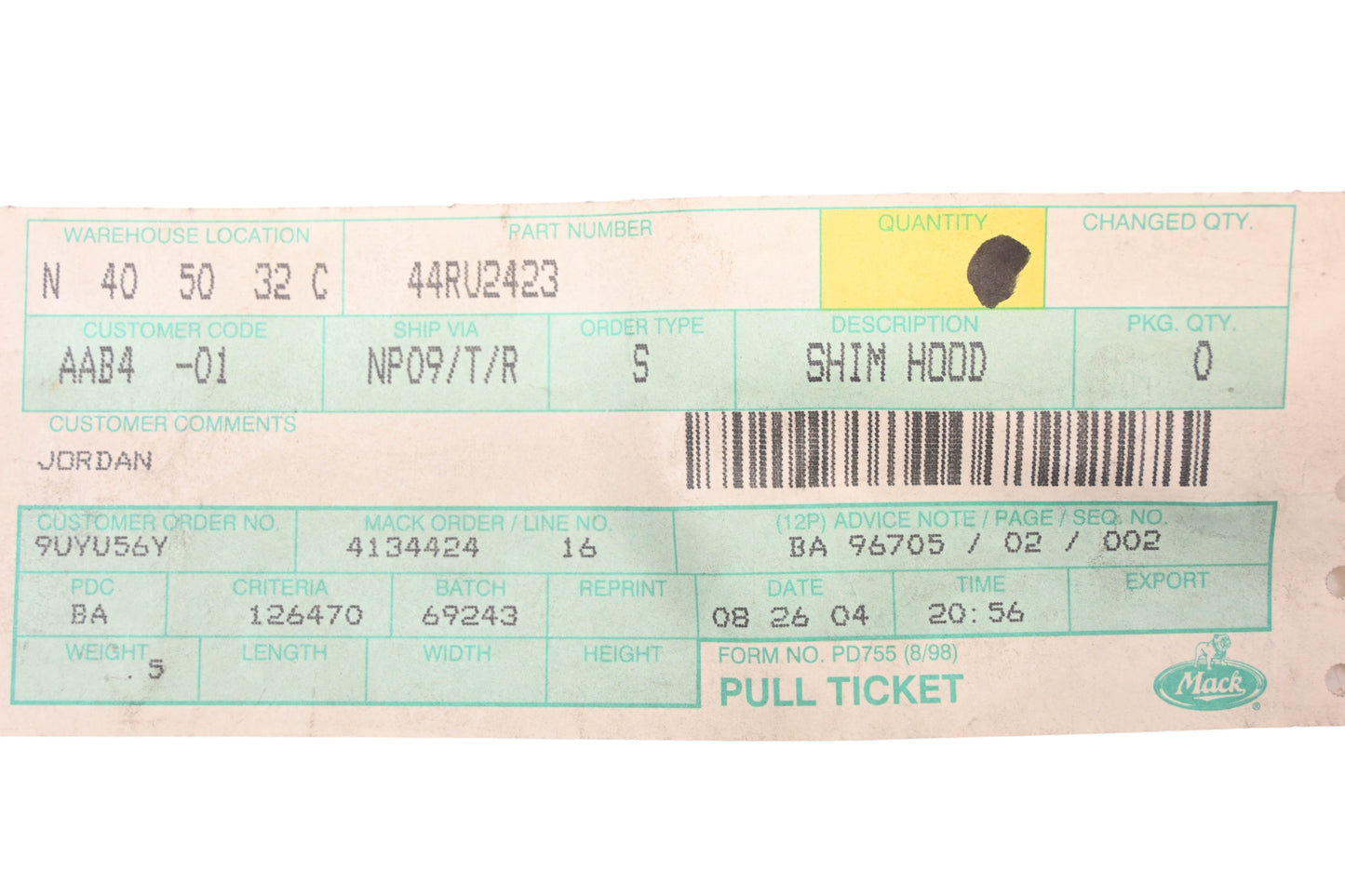 Mack 44RU2423 Hood Shim NOS