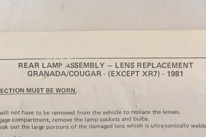 New OEM Ford PJ503-12 1981 Granada Cougar Rear Driver Side Replacement Lens Kit NOS