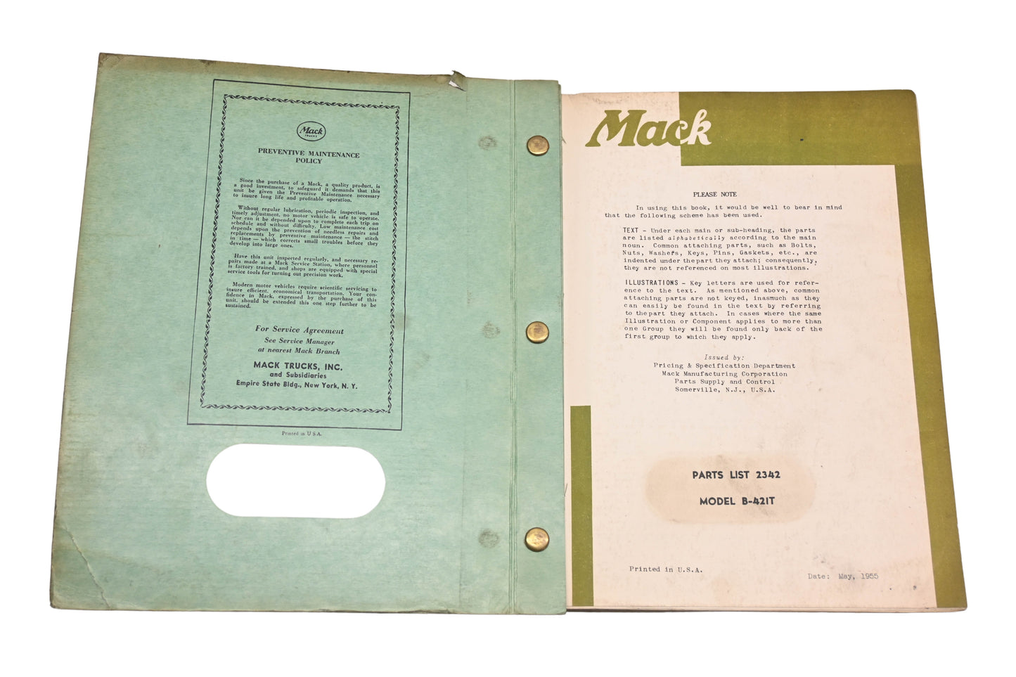 Mack 2342 1955 Model B-421T Parts List Manual
