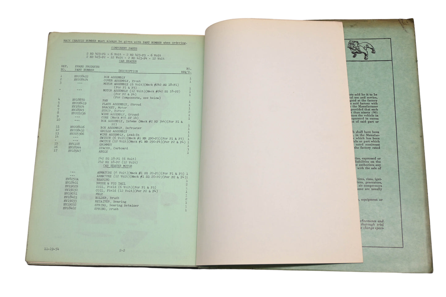 Mack 2342 1955 Model B-421T Parts List Manual