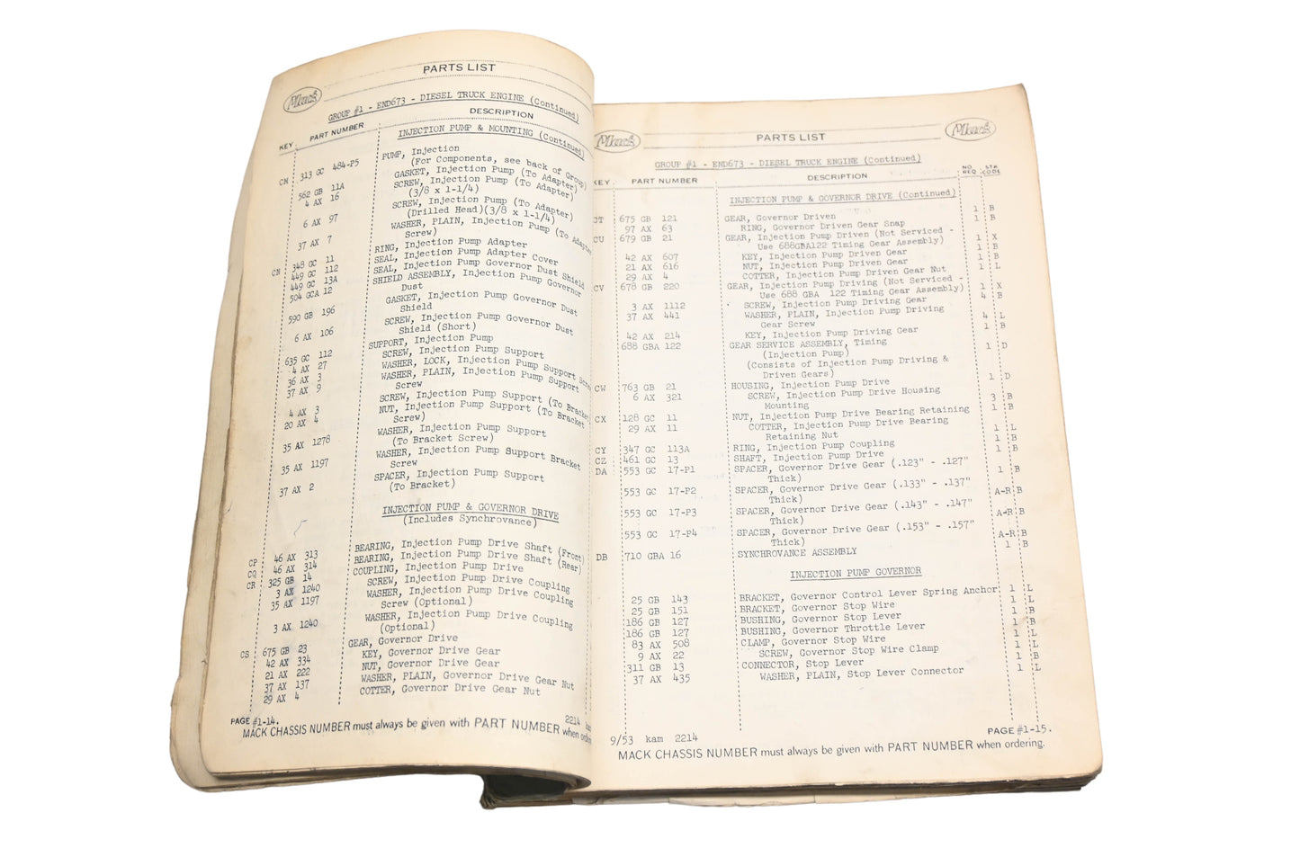 Mack 2216 1953 END673 Diesel Engine Parts List Manual