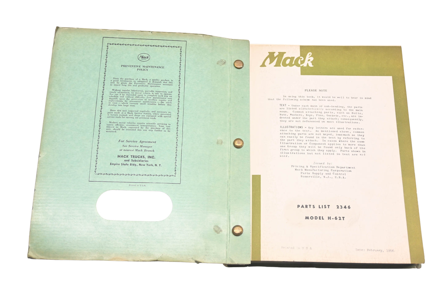 Mack 2346 1956 Model H-62T Parts List Manual