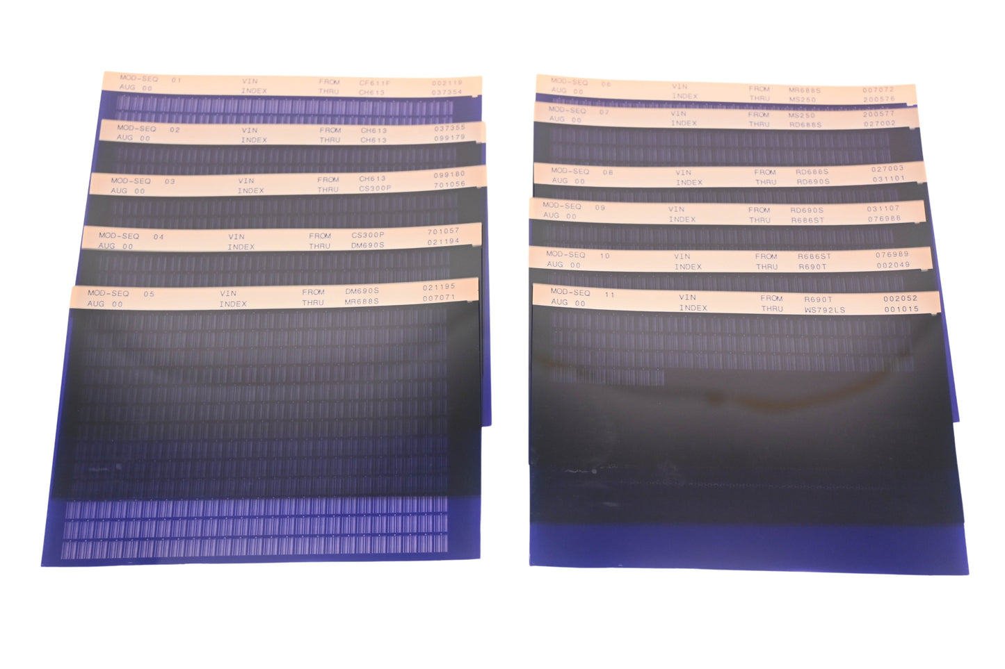 Mack MOD-SEQ 01, MOD-SEQ 02, MOD-SEQ 11 Vin Index CF611F002119 - WS792LS001015 Microfiche Lot of 11 NOS